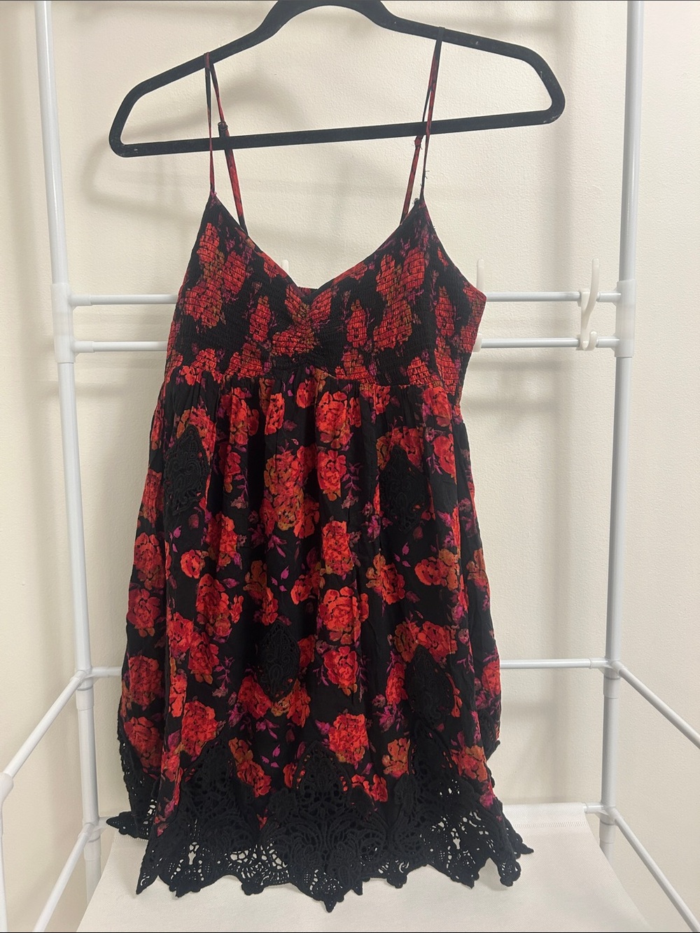 Free People Black Cami Dress with Red Floral Print